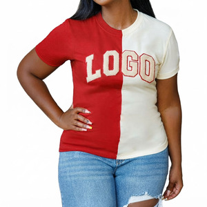 High Quality Cotton Two Tone Red <b>White</b> Sorority <b>TShirt</b> With Chenille Patches Customized Greek Apparel Greek Sorority T Shirt - Product Image 3