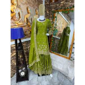 Top de satén de diseñador para fiesta con trabajo de espejos reales, pantalón palazzo y dupatta - Product Image 1