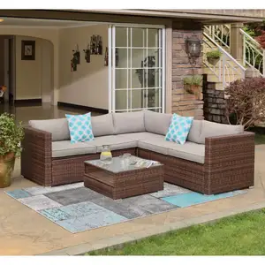 4 Piece Outdoor Furniture Set All-Weather Wicker Sectional Sofa Thick Cushions Glass Coffee Table 2 Teal Pattern Pillows