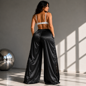 Pantalon de pyjama en soie 100% pour femme, coupe ample à jambe large, avec cordon de serrage, personnalisé, de luxe, pour l'été, en cuir véritable - Product Image 4