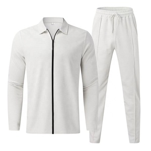 <b>Men's</b> Designer 2-Piece Hooded Collar Lightweight Polyester/Cotton Tracksuit Set <b>White</b> Full-Length Drawstring <b>Jogger</b> Pants Casual - Product Image 1