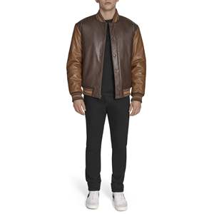 Chaqueta Varsity Marrón para Hombre, Elegante Chaqueta de Béisbol con Mangas de Cuero Genuino Color Bronceado, Chaqueta Letterman de Invierno Personalizada con Cuello Alto a la Moda - Product Image 2