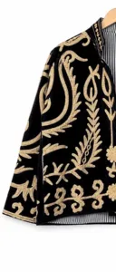 <b>Women</b> Boho Black <b>Velvet</b> Suzani <b>Jacket</b> Floral Embroidered Full Sleeve Stand Collar Handmade Ethnic Style Winter Outerwear - Product Image 2