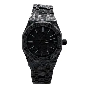 Nouveau design de luxe pour hommes, montre à quartz noire, montres moissanite entièrement glacées, poignet en diamant de type sport, quartz hip hop, inde