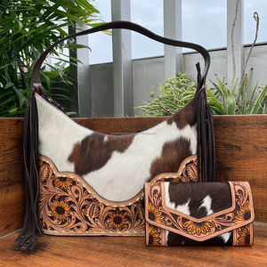 Bolso con flecos de cuero genuino de alta calidad y superventas, bolso de mano con muñequera, conjunto combinado de 2 piezas de piel de vaca para mujer - Product Image 4