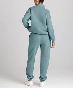 Women's Light Blue Half-<b>Zip</b> Tracksuit Set Full Sleeve Solid Color Casual Sweatshirt And Pants With Side Pockets Autumn Wear - Product Image 4