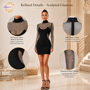 Abito Mini Aderente Nero Sexy con Strass e Rete, Maniche Lunghe, Collo Alto, Trasparenze, Vestito da Festa Scintillante per Donne - Product Image 3