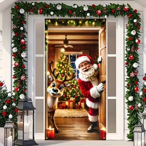 Bannière de porte Joyeux Noël, décoration suspendue Père Noël et <span class=keywords><strong>rennes</strong></span>, toile de fond durable en polyester pour fête de Noël, pour <span class=keywords><strong>la</strong></span> maison et l'extérieur - Product Image 1