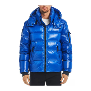 Men Blue Hooded Puffer Jacket Windproof Casual Winter <b>Coat</b> <b>Zipper</b> Closure Regular Length Thick Nylon Shell Solid Color - Product Image 1