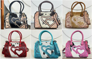Sac de voyage Western en cuir véritable fait main avec motif cœur incrusté et gravure florale, sacs de voyage en cuir à poils pour femmes - Product Image 5