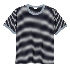 Camiseta de punto de algodón a rayas para hombre, manga corta, cuello redondo, corte regular, estilo casual, ribete en contraste - Product Image 6