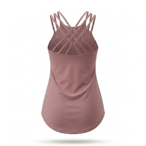 Women Solid Criss Cross Strap Halter Neckline Tank Top Integrated Shelf <b>Bra</b> Soft Breathable Quick Dry Fabric Front Sporty - Product Image 2