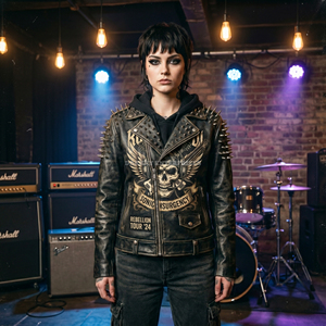 Custom Women <b>Punk</b> Rock Studded Real Leather <b>Jacket</b> Heavy Metal Spike Distressed Black Cowhide Biker Coat Wholesale Supplier - Product Image 2