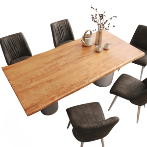 โต๊ะรับประทานอาหารทรงสี่เหลี่ยมหน้าไม้เนื้อแข็งอะคาเซียขอบธรรมชาติ พร้อมฐานสแตนเลสสตีลหรูหราสไตล์ริชลักชัวรี - Product Image 2