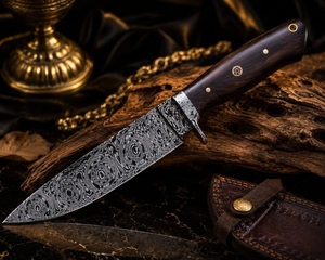 Cuchillo de Caza de Acero Damasco Mozaik de Grado Industrial Hecho a Mano con Mango de Lámina Micrata y Funda de Cuero para Acampar al Aire Libre - Product Image 5
