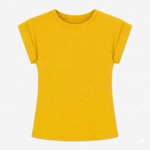 T-shirt décontracté pour femme en coton/élasthanne de haute qualité, extensible dans les quatre sens, col rond, coupe classique, jaune moutarde, idéal pour l'été - Product Image 1