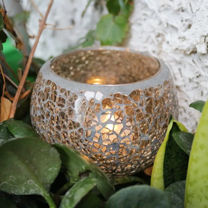 Portavelas de Cristal Dorado con Mosaico, Acabado Craquelado, Lámpara Votiva Decorativa para Decoración del Hogar, Centro de Mesa Romántico - Product Image 3