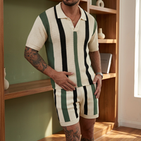 Men's Color Blocking Polo Shirt Shorts Set Knitted Casual Summer Wear Breathable Cotton Polo Collar Design Customized Colors