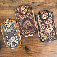 Funda de Cuero Genuino de Lujo para Celular Estilo Vaquero Occidental con Pelo de Vaca Metálico y Pasador para Cinturón de Alta Calidad y Personalizada