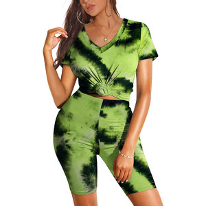 Conjunto de Top Corto con Cuello en V y Pantalones Cortos a Juego para Mujer, Estampado Tie Dye Verde, Ropa Casual de Verano, Transpirable, Ligera, de Spandex y Poliéster - Product Image 3