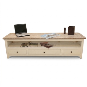 Meuble de salon en bois massif, buffet moderne style farmhouse, credenza bicolore avec base blanche et 3 tiroirs, meuble de rangement multimédia - Product Image 1