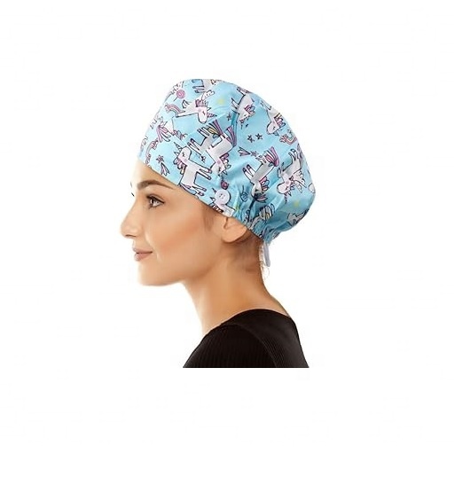 Bouffant Scrub Turban Caps - 2 PCS Tie Back Hats With Sweatband & Button, Cats With Glasses Print