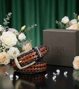 Cinturón Trenzado de Cuero Genuino de Lujo con Hebilla de Diamantes de Imitación, Ligero, de Alta Calidad, Diseño de Dos Tonos, para Hombres y Mujeres - Product Image 1