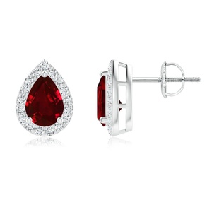 Natural Ruby Diamond Halo Stud <b>Earrings</b> Pear Shape White Gold <b>Fine</b> Jewelry Screw Back July Birthstone Gift <b>Earrings</b> - Product Image 1