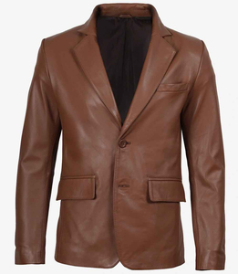 Men Brown Leather <b>Blazer</b> Notched Collar Single Breasted Regular Fit Full Length Sleeve With Front Two Pockets - Product Image 1