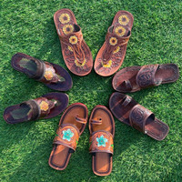 Sandales à bout ouvert en cuir véritable de vachette véritable fait à la main pour femmes style occidental décontracté extérieur tongs plates turquoise