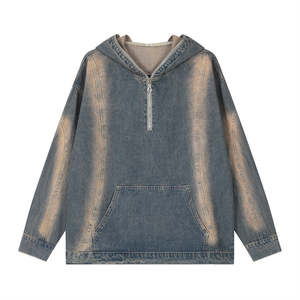 Veste en jean délavé pour homme avec capuche à motif de dessin animé, fermeture éclair quart de tour, 100 % coton, vêtement d'extérieur décontracté pour l'automne. - Product Image 1