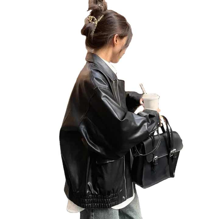 Women Faux Leather Jacket Retro Motorcycle Coat With Smooth Faux Leather Turn-down Collar Zip-up Design for Women Long Sleeves