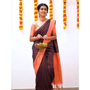 BANARASI TRADICIONAL BORDE DE SEDA TRABAJO SAREE CON BLUSA DESCOSADA MELOCOTÓN - Product Image 1