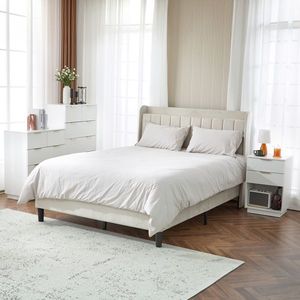 FCH Two-Drawer Bedside Cabinet with Wavy Pattern White P2 Density Board Nightstands Front Drawer - Product Image 5