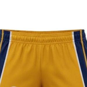 Shorts de netball unisexe jaune et bleu marine sublimés, en polyester, uniforme sportif léger, vêtements de sport avec empiècements latéraux assortis - Product Image 3