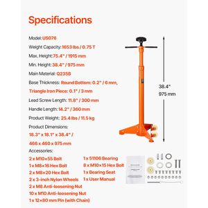 Supporto Sottoscocca con Maniglia Girevole da 3/4 Tonnellate, Sollevamento 75,4 Pollici, Cricchi per Auto con Cuscinetti da 38,4 Pollici - Product Image 4