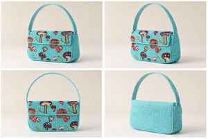 Sac à main de luxe fait main avec broderie champignon perlée bleue, portable, en coton/nylon, avec fermeture éclair, pour femme, idéal pour les soirées ou comme cadeau - Product Image 4