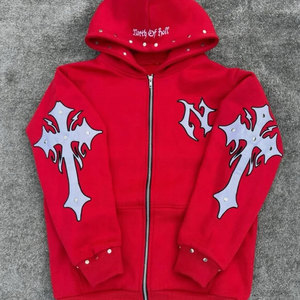 Sudadera con capucha roja personalizada con pedrería, gráfico llamativo, estilo urbano, para hombre y mujer, sudadera con brillo personalizada. - Product Image 6