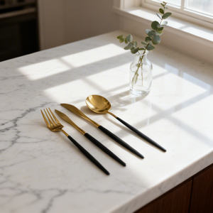 Ensemble de couverts personnalisables en acier inoxydable blanc et or de qualité hôtelière, poli miroir, couteau, fourchette et cuillère pour la restauration fine - Product Image 5