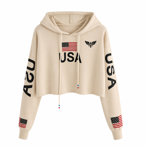 Women Cropped Hoodie USA Flag Print Beige Pullover Sweatshirt Long Sleeve Casual Streetwear Crop <b>Top</b> Hoodie - Product Image 1