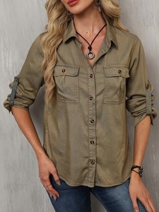 Chemise décontractée à manches longues pour femmes, chemisier à boutons, manches retroussables, couleur unie, à la mode, avec poches sur la poitrine, léger et respirant - Product Image 4