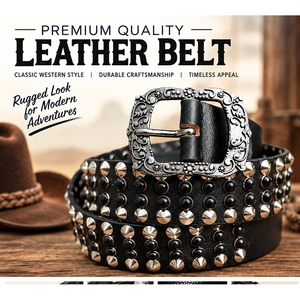 <b>Vintage</b> Heavy Studded 100% Premium Genuine Leather <b>Belt</b> with Studs and Ornate Buckle for Casual Western Garments - Product Image 2