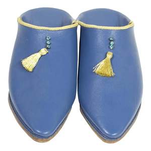 Biyadina Khemissa pour femme, style babouches marocaines, en daim, avec doublure en cuir véritable, semelle intercalaire en caoutchouc, couleur bleu marine et jaune, pointure 5, pour la maison - Product Image 4