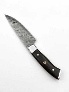 Couteau utilitaire de cuisine artisanal en acier Damas, manche en bois foncé, outil culinaire professionnel - Product Image 6