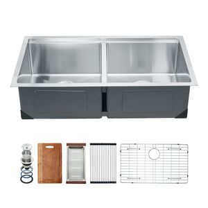 Lavello da Cucina da Incasso da 33 Pollici in Acciaio Inox 304, Doppia Vasca Stile Rustico con Bordo e Valvola in Ottone, Multiuso - Product Image 1
