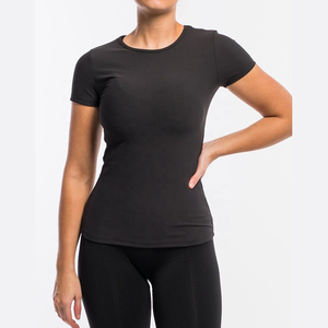 Camiseta de Punto para Mujer, Cuello Redondo, Manga Corta, Color Azul Marino Sólido, Corte Ajustado, Transpirable, para Todas las Temporadas, Ropa Casual, Camiseta de Gimnasio - Product Image 6