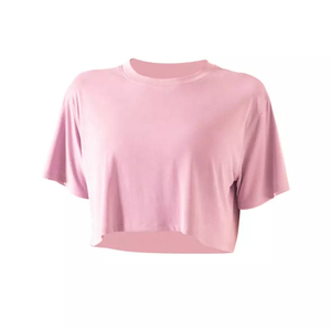 เสื้อยืดครอปสีชมพูสำหรับผู้หญิง คอกลม แขนสั้น ทรงหลวม สีพื้น เสื้อถักลำลอง สวมใส่ได้ในฤดูใบไม้ผลิและฤดูร้อน - Product Image 1