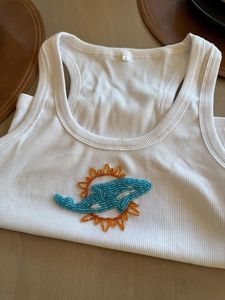 <b>Beaded</b> Carnaval Embroidery Tank Top White Cotton Ribbed Knit Sleeveless Vest Women Summer Party Wear Casual Round Neck Top Shirt - Product Image 5