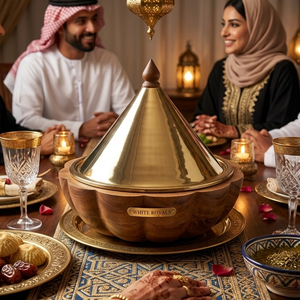 Ensemble de plats de service en teck cannelé de style arabe, ensemble de tajines et casseroles en métal élégant et luxueux pour l'hôtellerie haut de gamme et les cadeaux festifs - Product Image 5