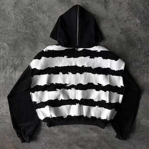 Sweat-shirt à capuche personnalisé avec logo pour homme, noir et blanc, imprimé géométrique X, streetwear, fermeture éclair sur le devant, coupe classique, tricoté en polyester, automne - Product Image 5